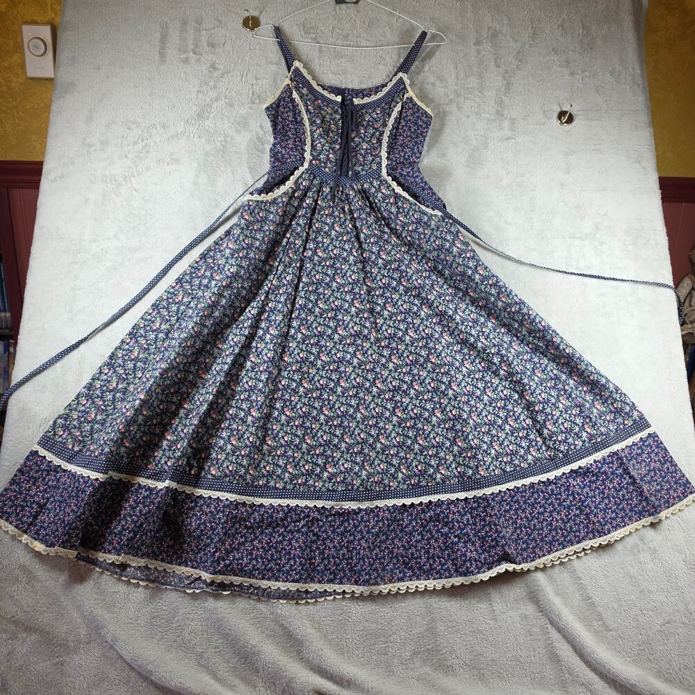 VTG 70s Gunne Sax Jessica Blue Calico Floral Prairie Dress Corset Lace Up Size 7 - Picture 4 of 14